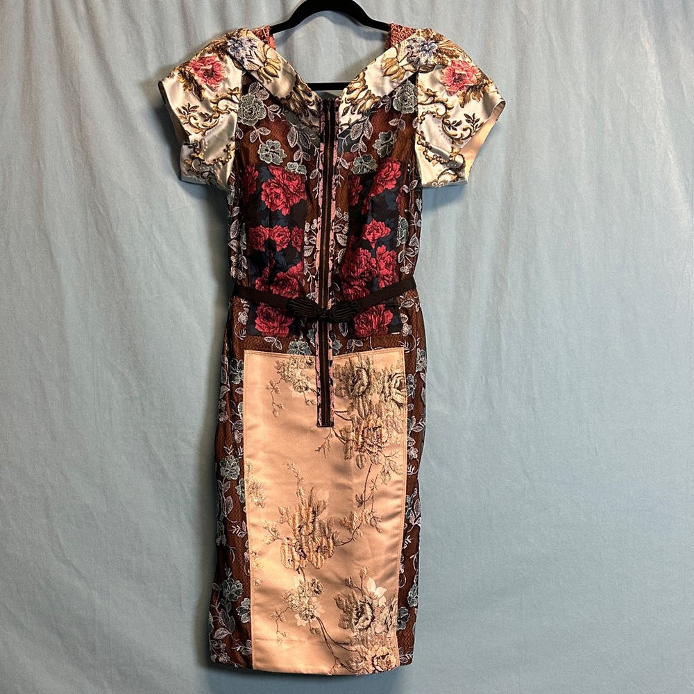 Floral Panel Midi Dress in Pink and Brown by Byron Lars